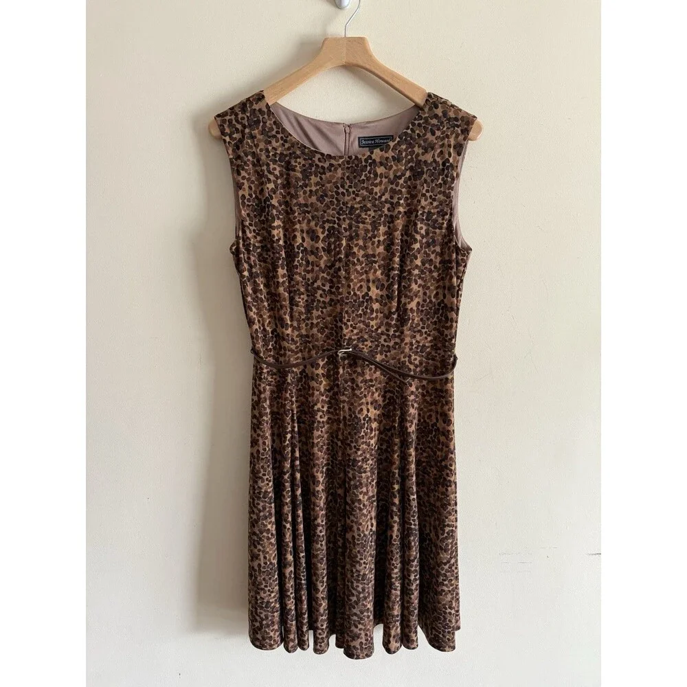 Jessica Howard Dress 12 Belt Midi Brown Leopard Print Sleeveless Back Zip Career